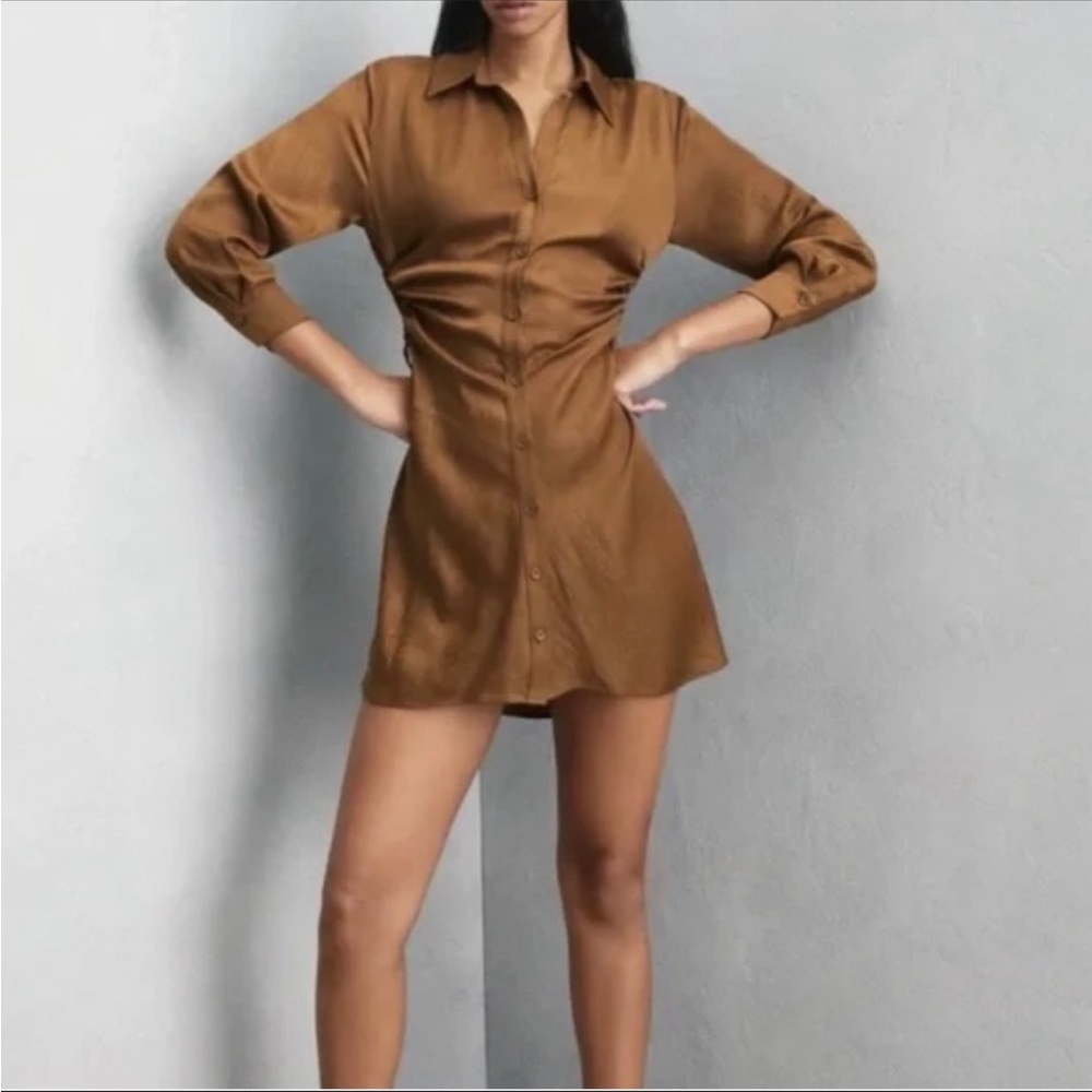 Zara button down crinkle satin dress, side cut out